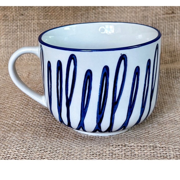 White w Blue Squiggly Lines Cappuccino Mug Cup Ceramic Artsy Whimsical Playful - Picture 3 of 7